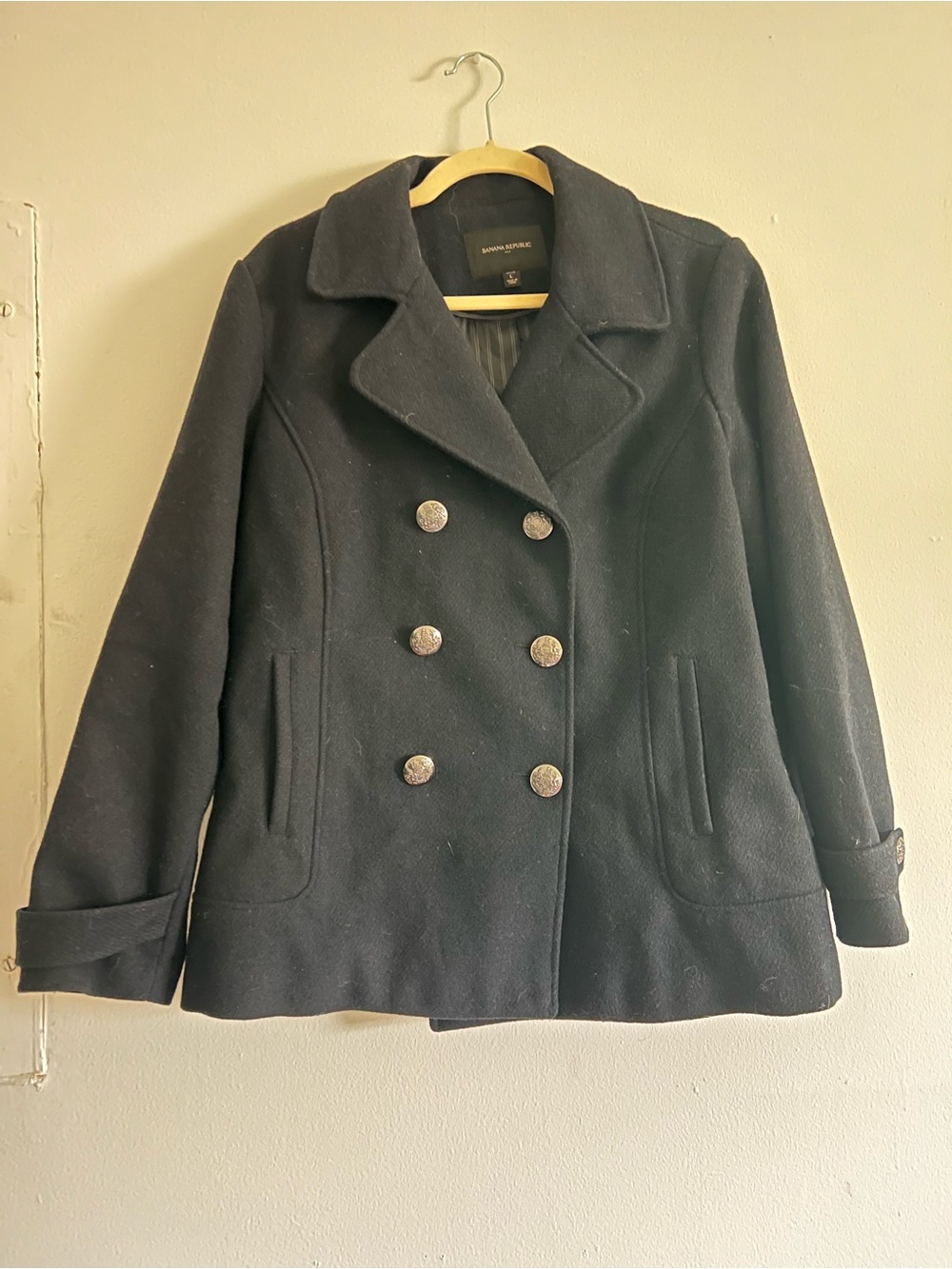 Banana Republic Black Double-Breasted Wool Peacoat